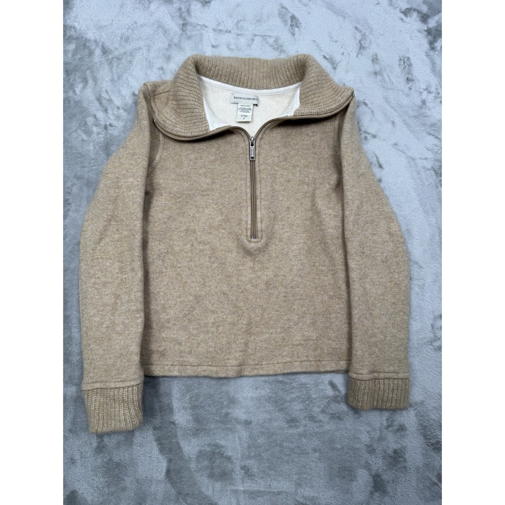 Banana Republic Wool Sweater Womens Small Beige Brown 1/2 Zip Pullover Ribbed